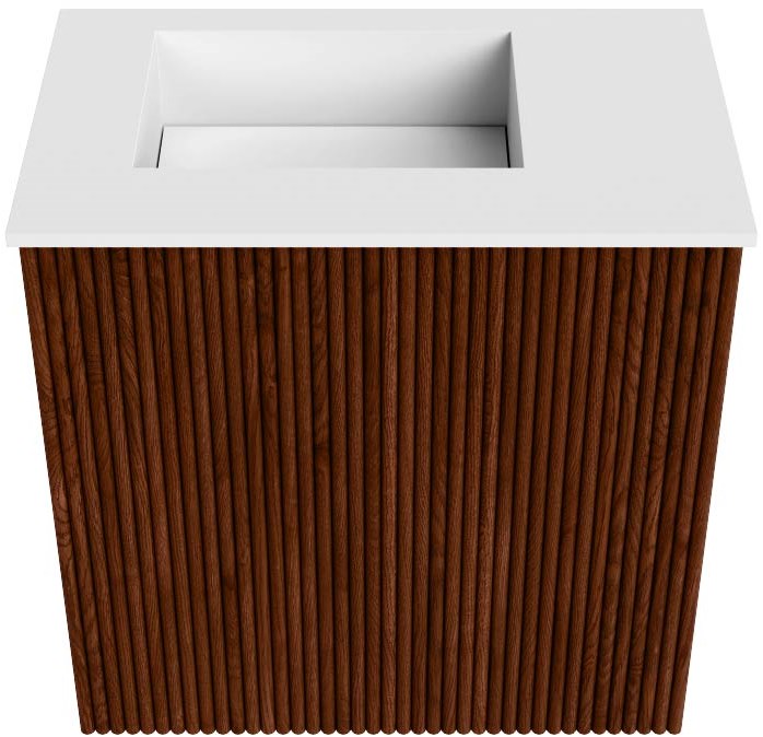 JOYA 40cm toiletmeubel kleur Ruby. Wastafel FAYE positie Links Zonder kraangat kleur Talc