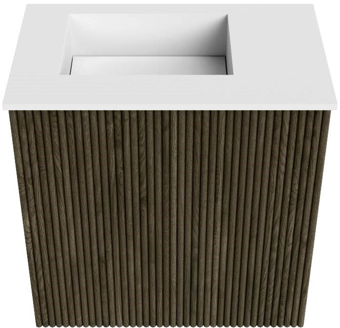 JOYA 40cm toiletmeubel kleur Shadow. Wastafel FAYE positie Links Zonder kraangat kleur Talc