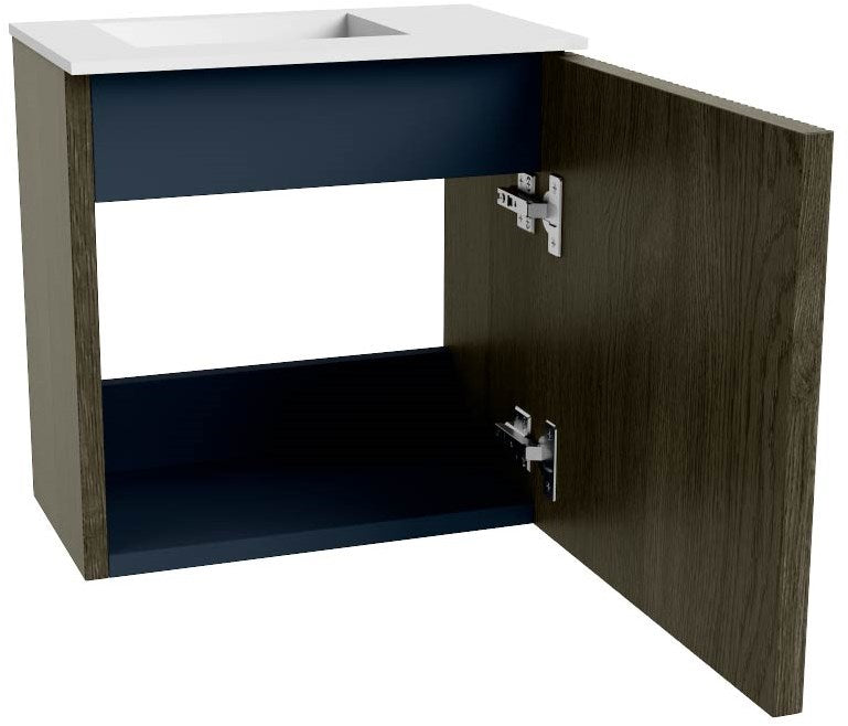 JOYA 40cm toiletmeubel kleur Shadow. Wastafel FAYE positie Links Zonder kraangat kleur Talc