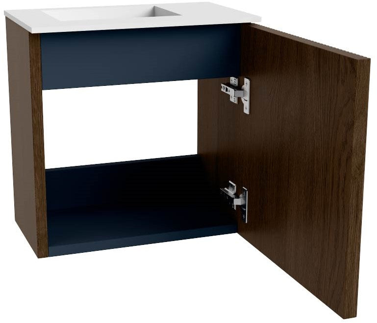 JOYA 40cm toiletmeubel kleur Walnut. Wastafel FAYE positie Links Zonder kraangat kleur Talc.
