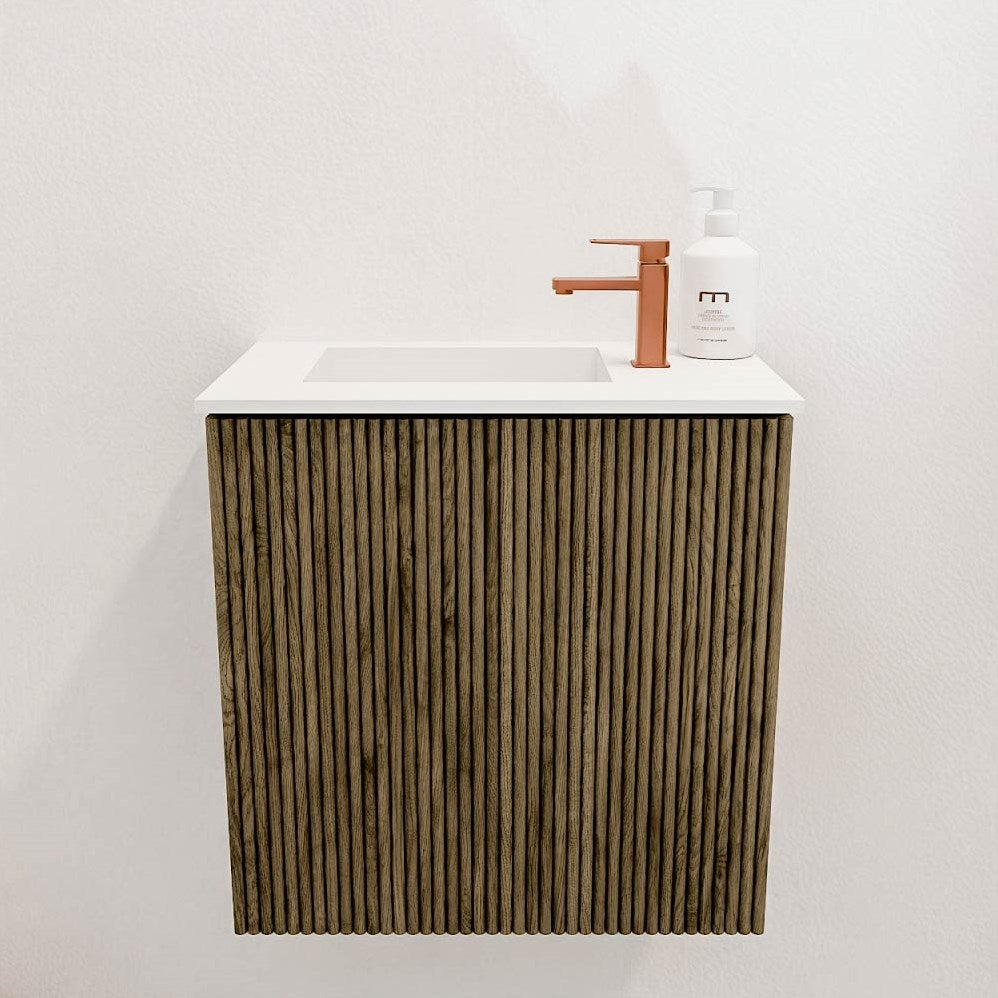 JOYA 40cm toiletmeubel kleur Dusk. Wastafel FAYE positie Links 1 kraangat kleur Talc