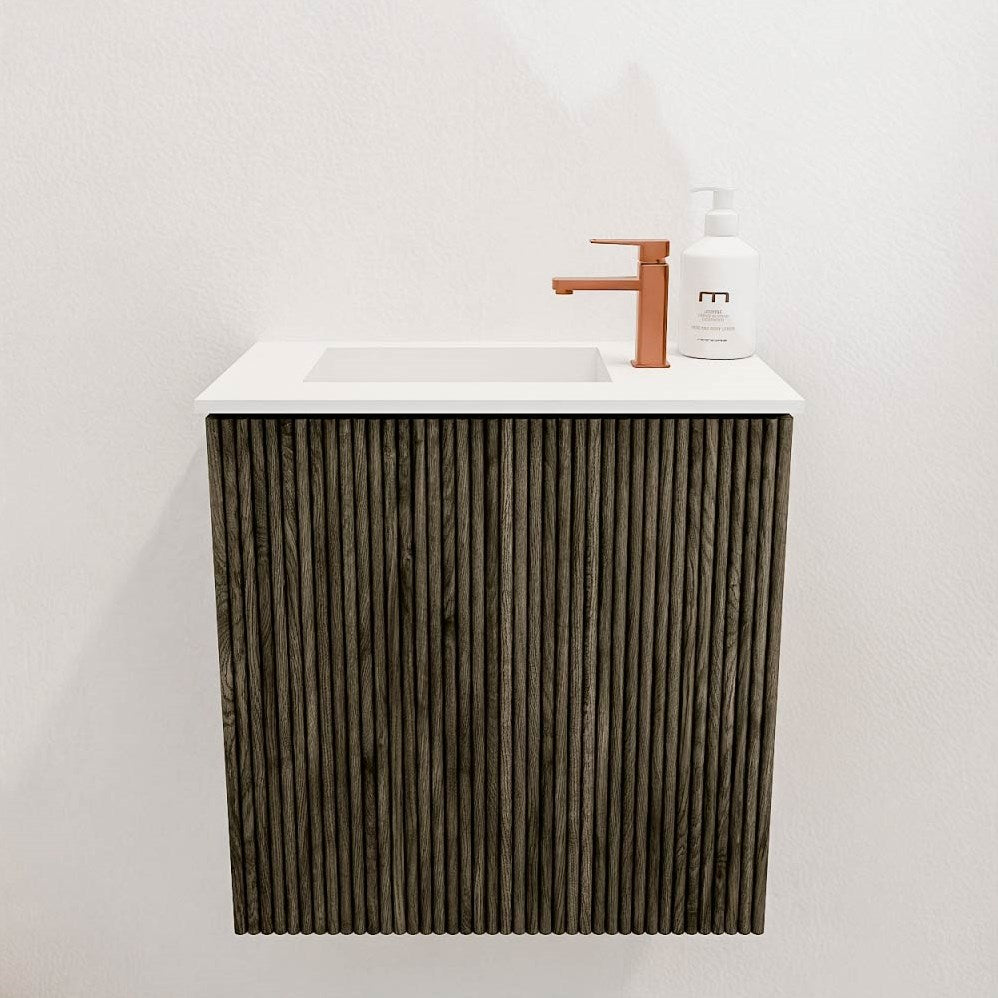 JOYA 40cm toiletmeubel kleur Shadow. Wastafel FAYE positie Links 1 kraangat kleur Talc