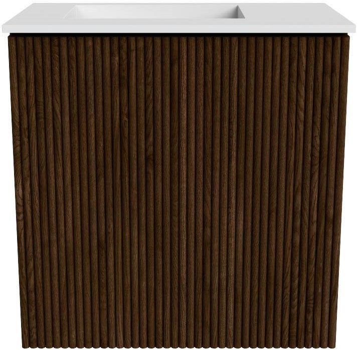 JOYA 40cm toiletmeubel kleur Walnut. Wastafel FAYE positie Links 1 kraangat kleur Talc