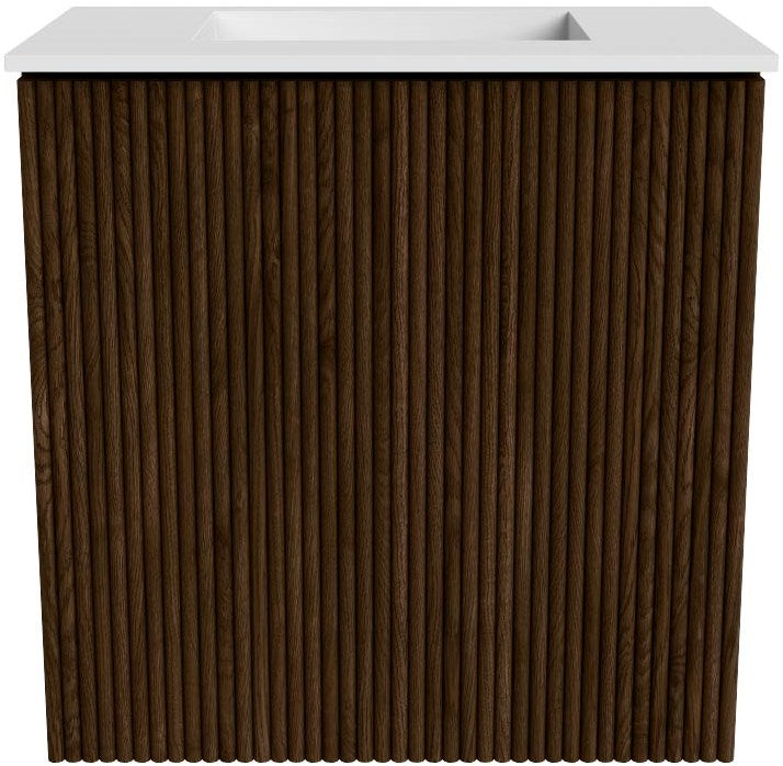 JOYA 40cm toiletmeubel kleur Walnut. Wastafel FAYE positie Midden Zonder kraangat kleur Talc