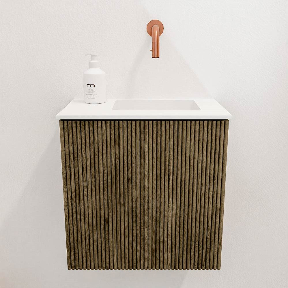 JOYA 40cm toiletmeubel kleur Dusk. Wastafel FAYE positie Rechts Zonder kraangat kleur Talc.