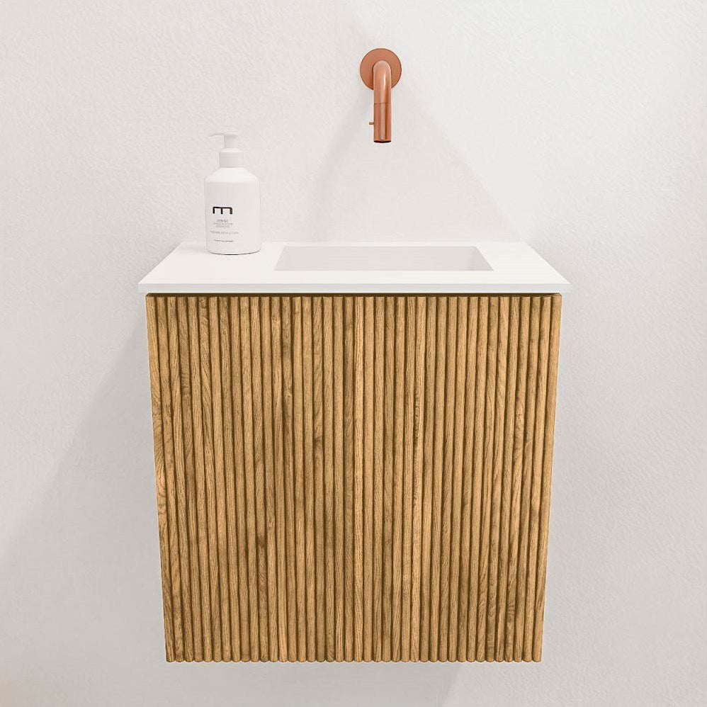 JOYA 40cm toiletmeubel kleur Oak. Wastafel FAYE positie Rechts Zonder kraangat kleur Talc
