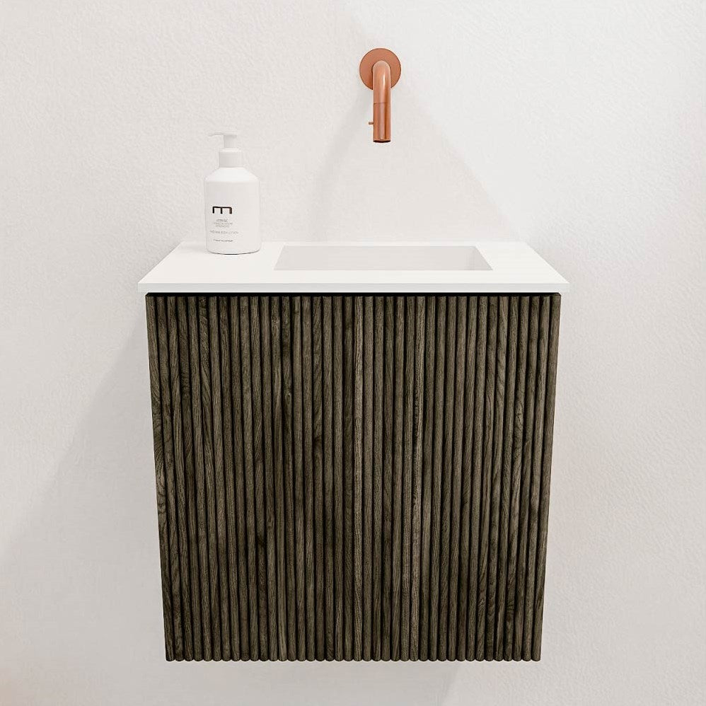 JOYA 40cm toiletmeubel kleur Shadow. Wastafel FAYE positie Rechts Zonder kraangat kleur Talc.