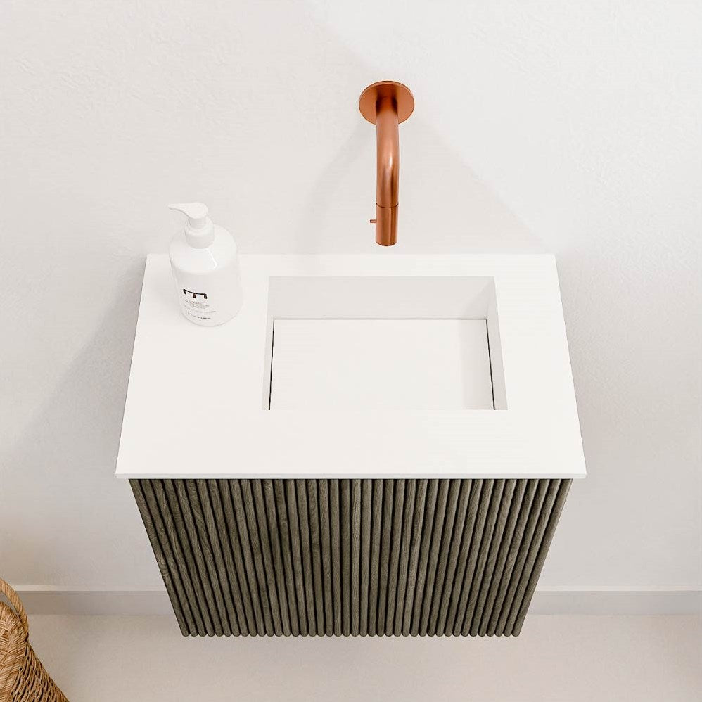 JOYA 40cm toiletmeubel kleur Shadow. Wastafel FAYE positie Rechts Zonder kraangat kleur Talc.