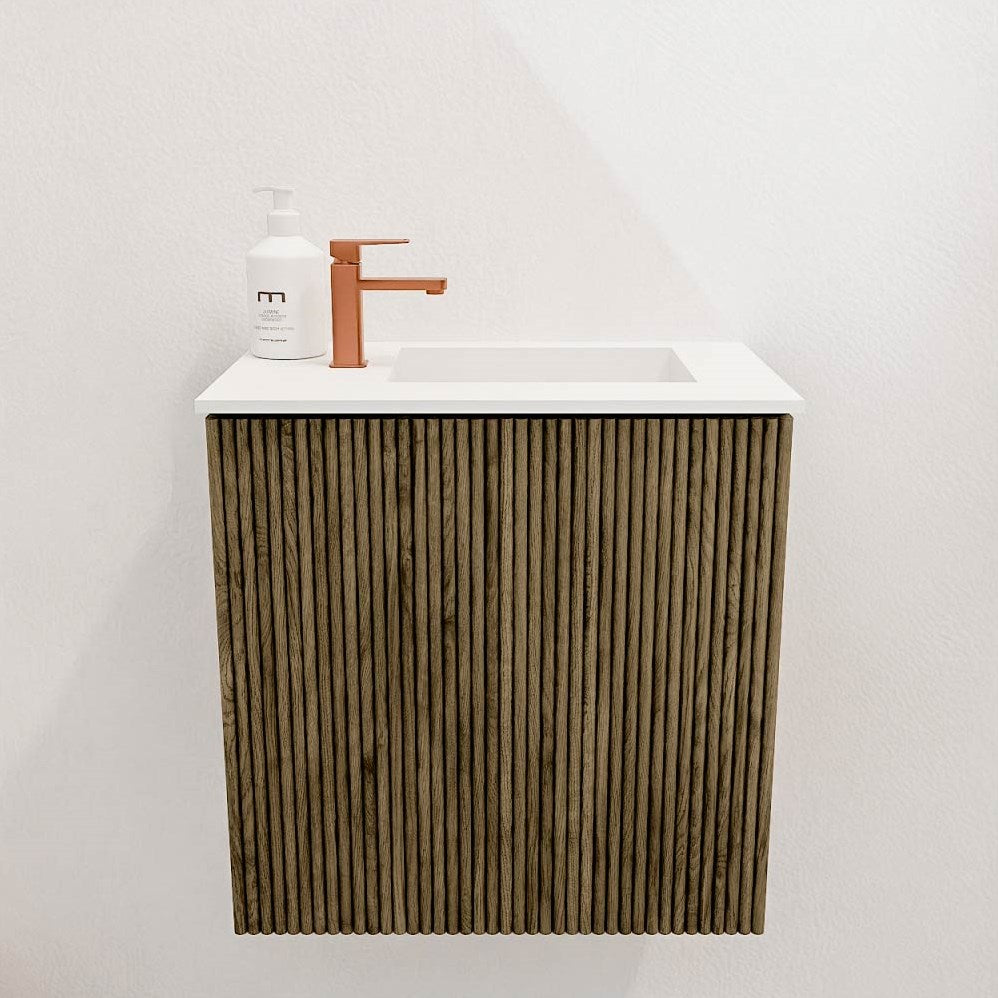 JOYA 40cm toiletmeubel kleur Dusk. Wastafel FAYE positie Rechts 1 kraangat kleur Talc.