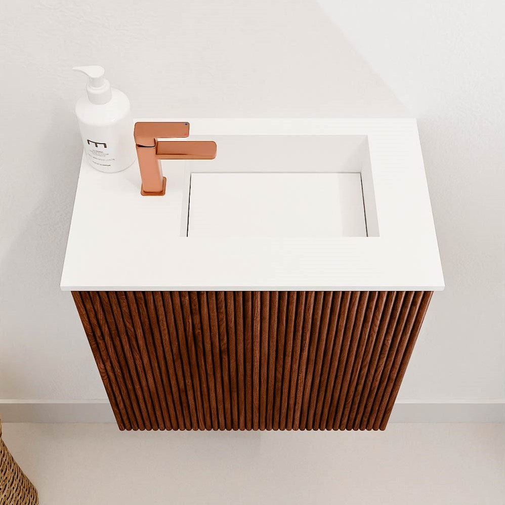 JOYA 40cm toiletmeubel kleur Ruby. Wastafel FAYE positie Rechts 1 kraangat kleur Talc.