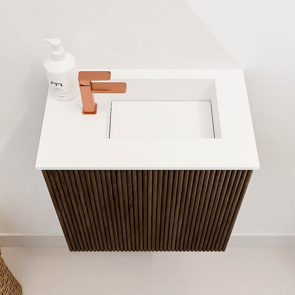 JOYA 40cm toiletmeubel kleur Walnut. Wastafel FAYE positie Rechts 1 kraangat kleur Talc