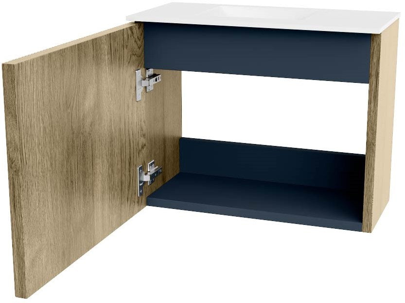 JOYA 50cm toiletmeubel kleur Dusk. Wastafel FAYE positie Links Zonder kraangat kleur Talc.
