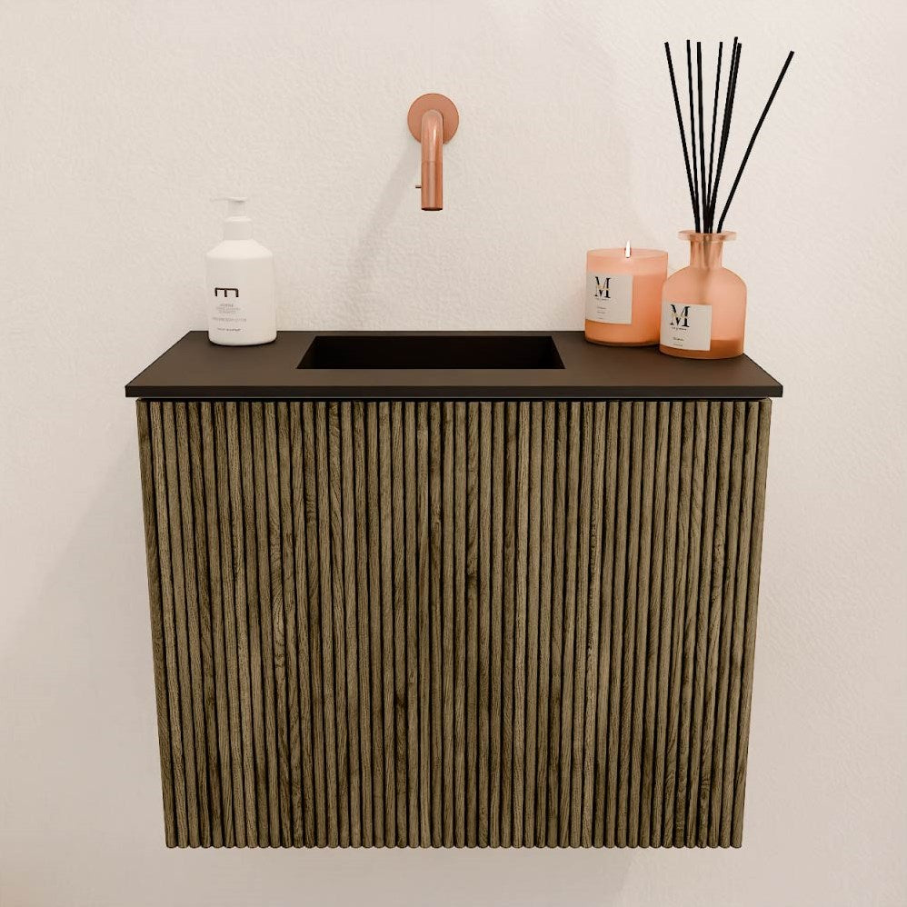 JOYA 50cm toiletmeubel kleur Dusk. Wastafel FAYE positie Links Zonder kraangat kleur Urban.
