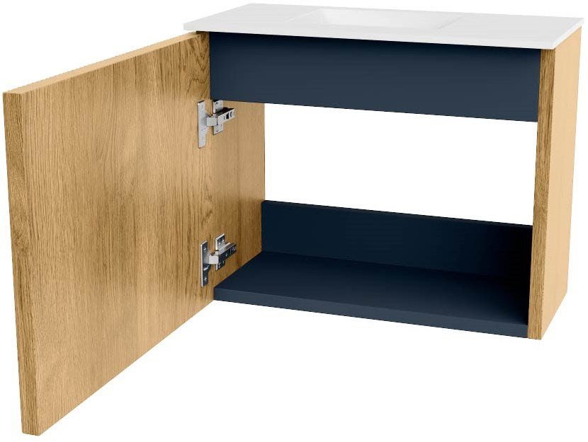 JOYA 50cm toiletmeubel kleur Oak. Wastafel FAYE positie Links Zonder kraangat kleur Talc.