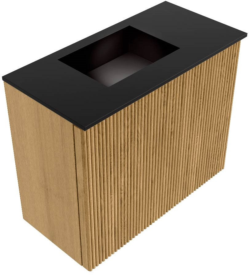 JOYA 50cm toiletmeubel kleur Oak. Wastafel FAYE positie Links Zonder kraangat kleur Urban.
