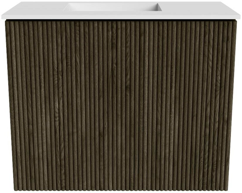JOYA 50cm toiletmeubel kleur Shadow. Wastafel FAYE positie Links Zonder kraangat kleur Talc.