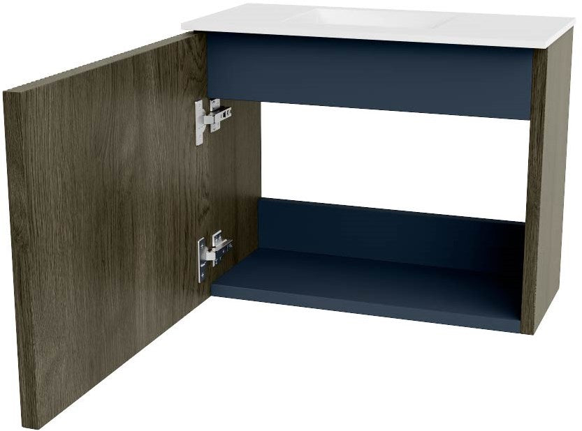JOYA 50cm toiletmeubel kleur Shadow. Wastafel FAYE positie Links Zonder kraangat kleur Talc.