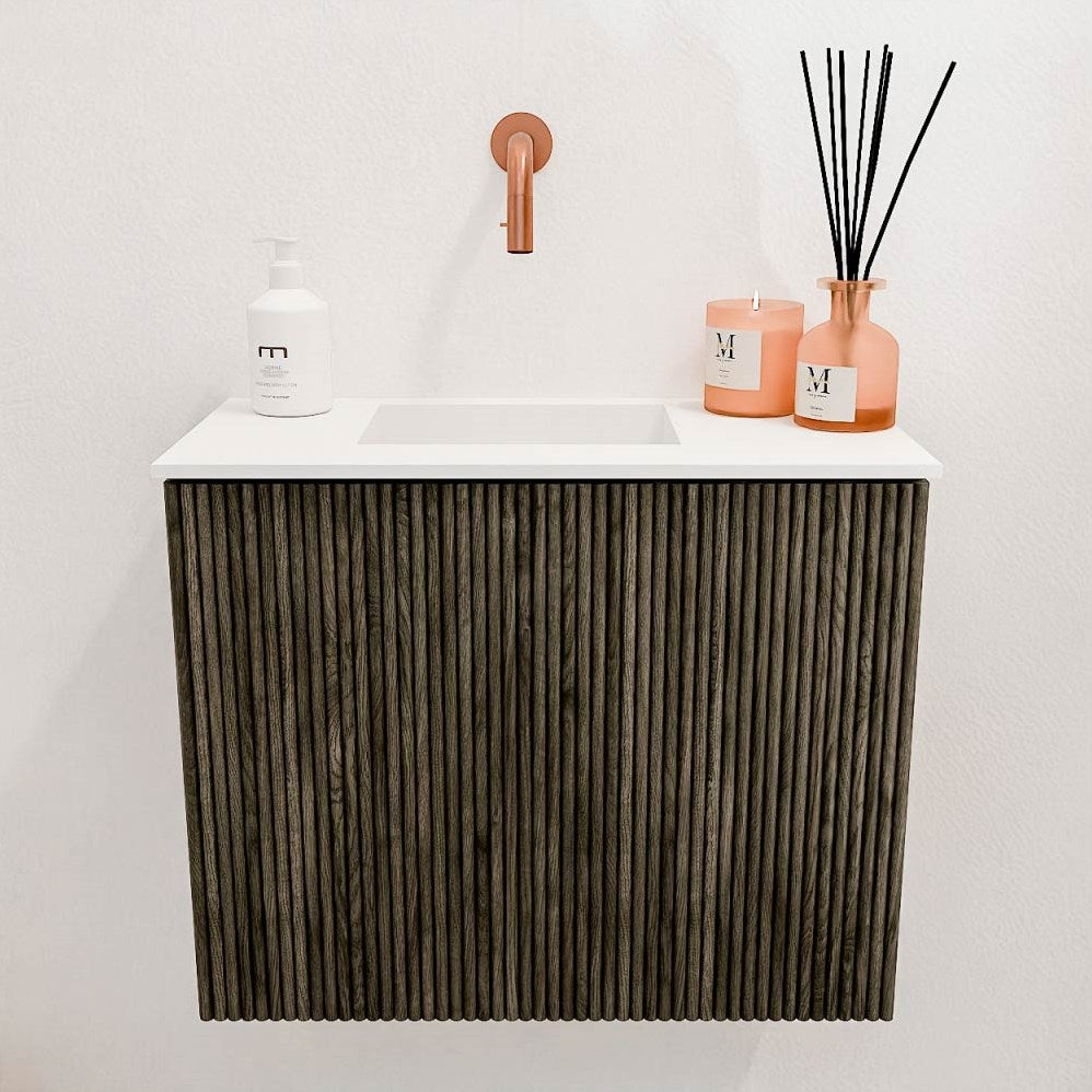 JOYA 50cm toiletmeubel kleur Shadow. Wastafel FAYE positie Links Zonder kraangat kleur Talc.