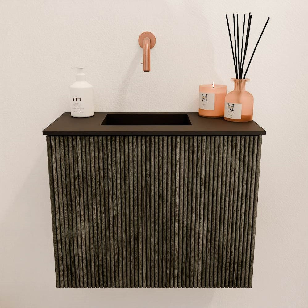 JOYA 50cm toiletmeubel kleur Shadow. Wastafel FAYE positie Links Zonder kraangat kleur Urban.