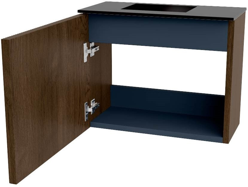 JOYA 50cm toiletmeubel kleur Walnut. Wastafel FAYE positie Links Zonder kraangat kleur Urban.