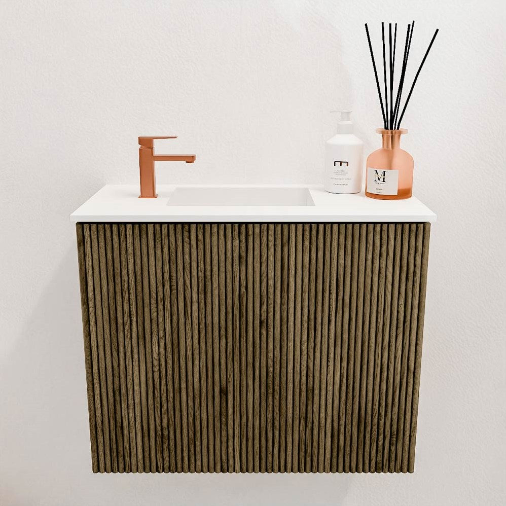 JOYA 50cm toiletmeubel kleur Dusk. Wastafel FAYE positie Links 1 kraangat kleur Talc.