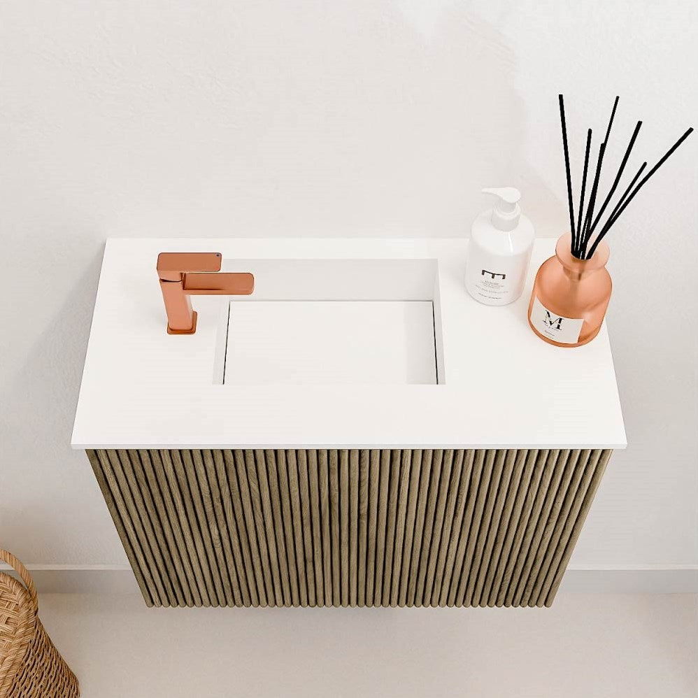 JOYA 50cm toiletmeubel kleur Dusk. Wastafel FAYE positie Links 1 kraangat kleur Talc.