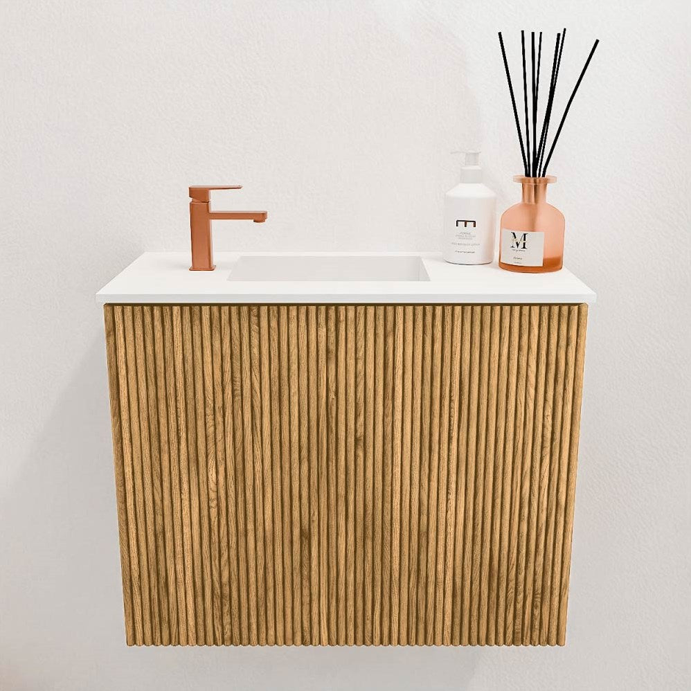 JOYA 50cm toiletmeubel kleur Oak. Wastafel FAYE positie Links 1 kraangat kleur Talc.