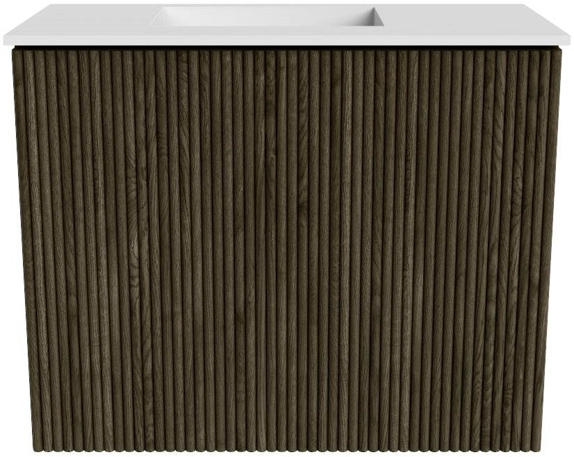 JOYA 50cm toiletmeubel kleur Shadow. Wastafel FAYE positie Links 1 kraangat kleur Talc.