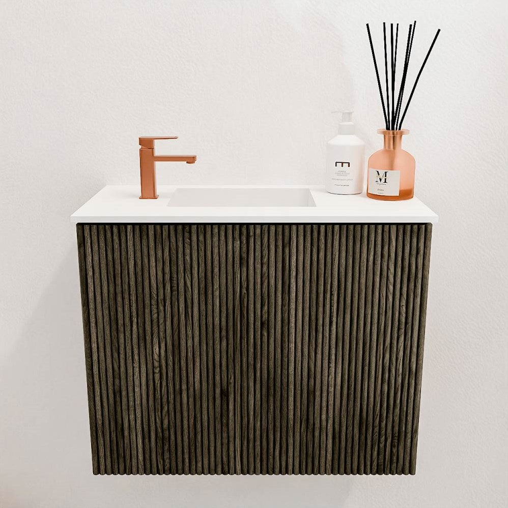 JOYA 50cm toiletmeubel kleur Shadow. Wastafel FAYE positie Links 1 kraangat kleur Talc.