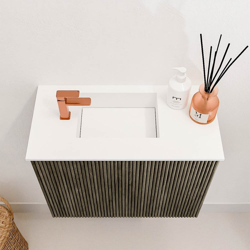 JOYA 50cm toiletmeubel kleur Shadow. Wastafel FAYE positie Links 1 kraangat kleur Talc.
