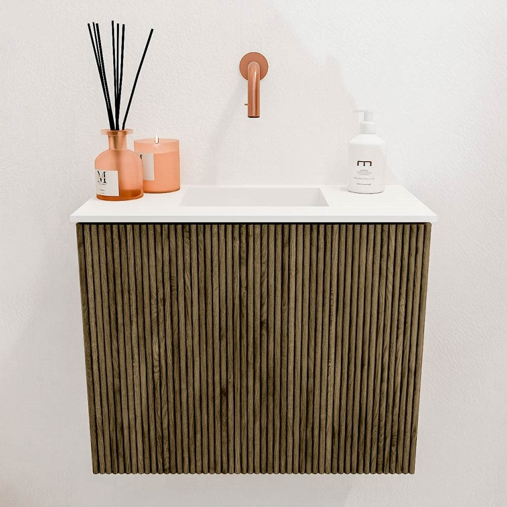 JOYA 50cm toiletmeubel kleur Dusk. Wastafel FAYE positie Midden Zonder kraangat kleur Talc