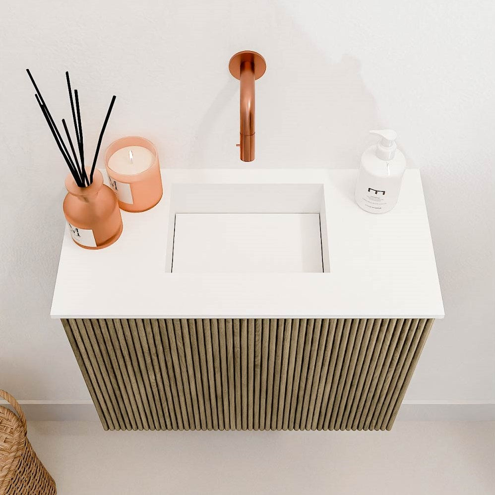 JOYA 50cm toiletmeubel kleur Dusk. Wastafel FAYE positie Midden Zonder kraangat kleur Talc
