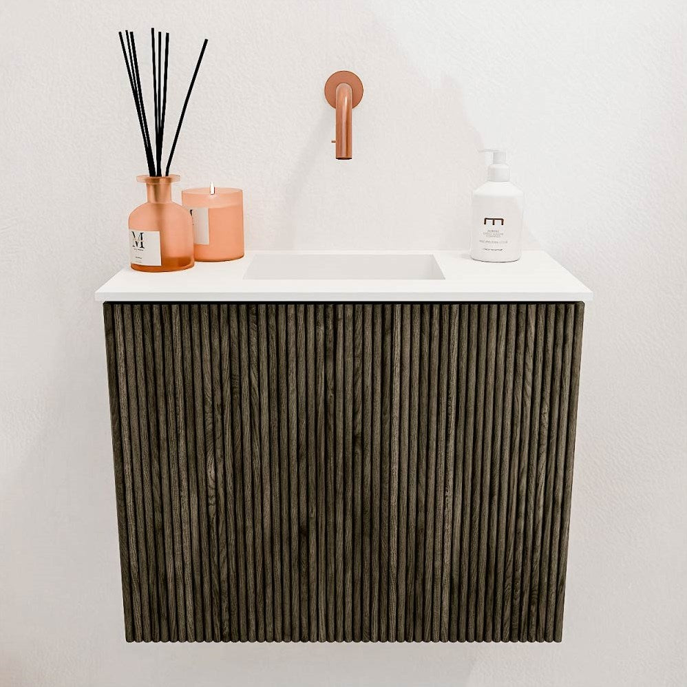JOYA 50cm toiletmeubel kleur Shadow. Wastafel FAYE positie Midden Zonder kraangat kleur Talc.