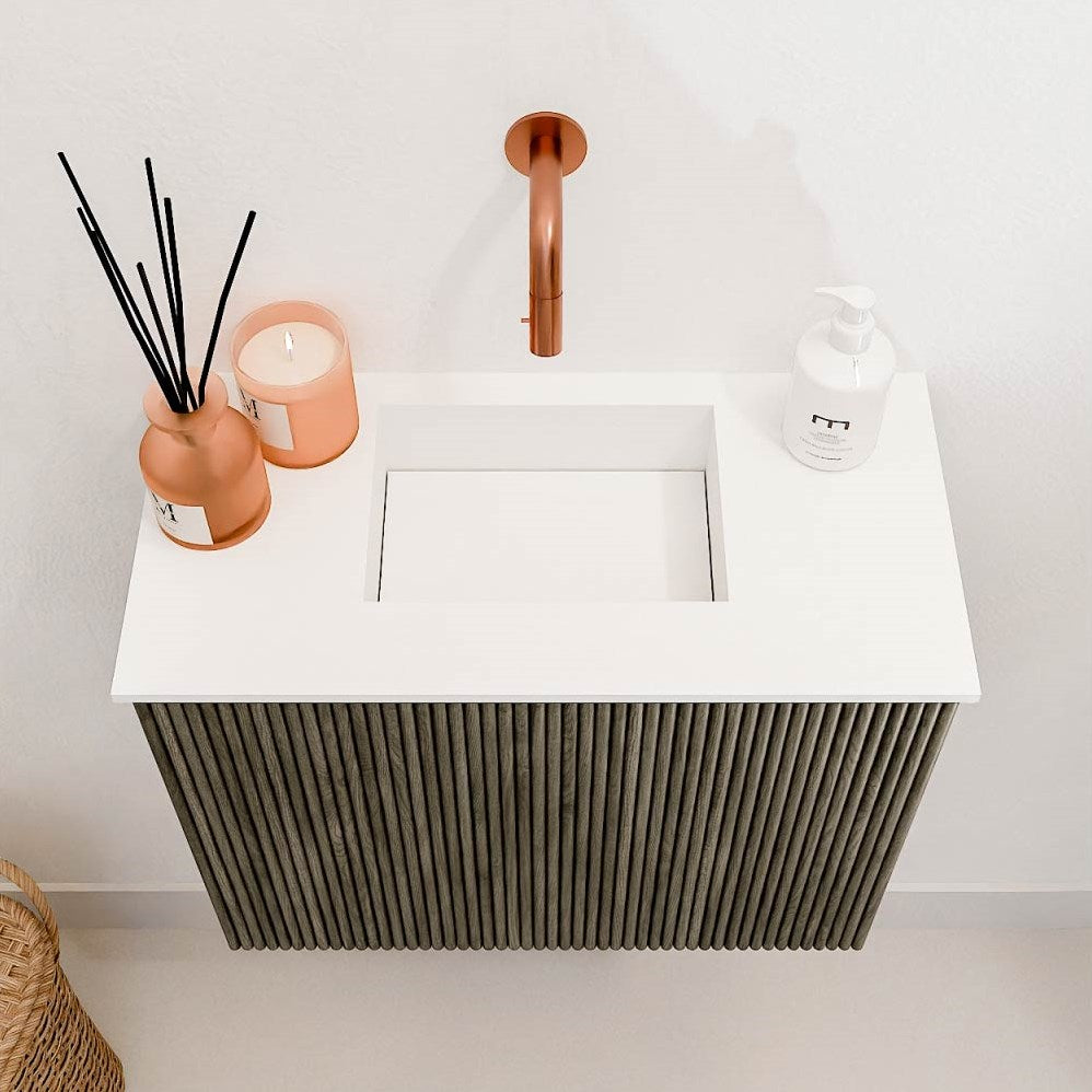 JOYA 50cm toiletmeubel kleur Shadow. Wastafel FAYE positie Midden Zonder kraangat kleur Talc.
