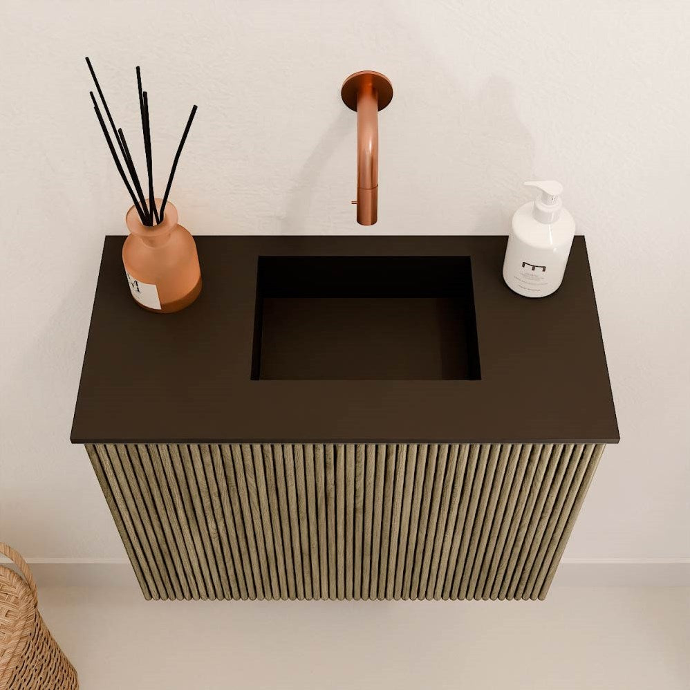 JOYA 50cm toiletmeubel kleur Dusk. Wastafel FAYE positie Rechts Zonder kraangat kleur Urban.