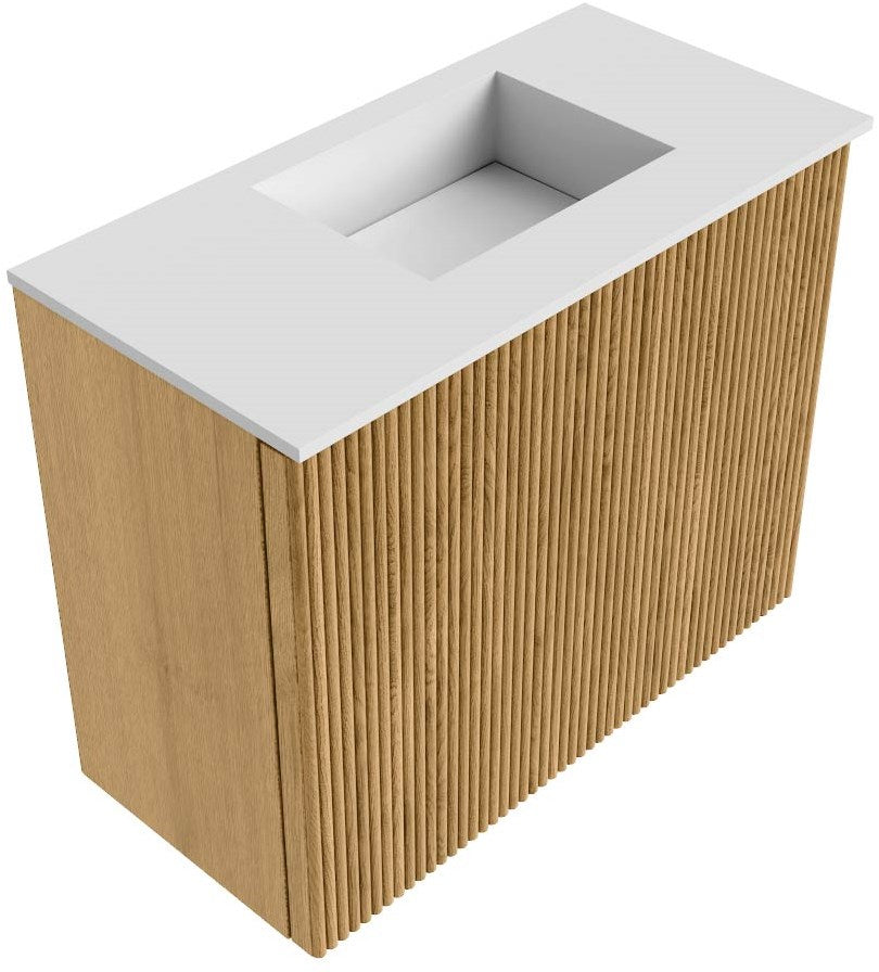 JOYA 50cm toiletmeubel kleur Oak. Wastafel FAYE positie Rechts Zonder kraangat kleur Talc.