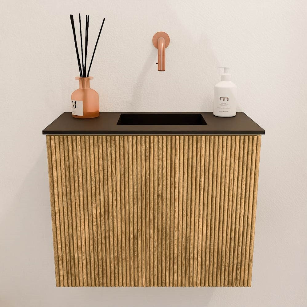JOYA 50cm toiletmeubel kleur Oak. Wastafel FAYE positie Rechts Zonder kraangat kleur Urban.