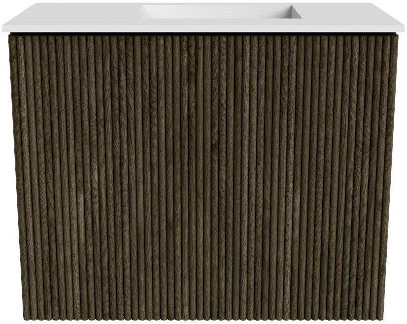 JOYA 50cm toiletmeubel kleur Shadow. Wastafel FAYE positie Rechts Zonder kraangat kleur Talc.