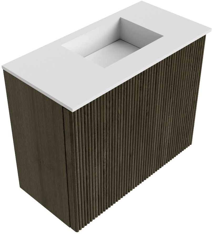 JOYA 50cm toiletmeubel kleur Shadow. Wastafel FAYE positie Rechts Zonder kraangat kleur Talc.