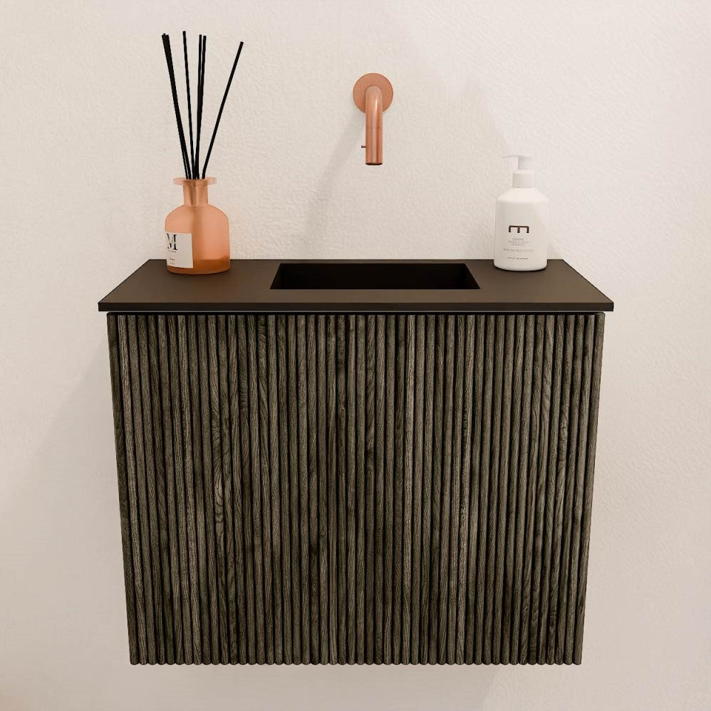 JOYA 50cm toiletmeubel kleur Shadow. Wastafel FAYE positie Rechts Zonder kraangat kleur Urban.