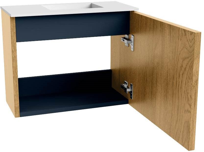 JOYA 50cm toiletmeubel kleur Oak. Wastafel FAYE positie Rechts 1 kraangat kleur Talc.