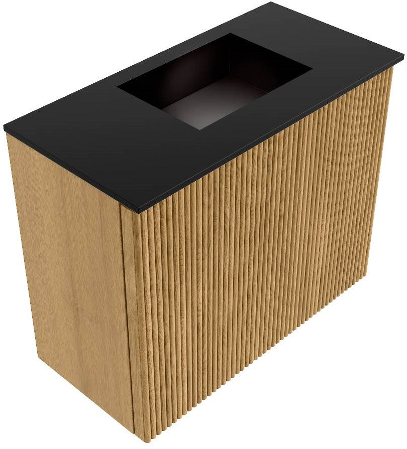JOYA 50cm toiletmeubel kleur Oak. Wastafel FAYE positie Rechts 1 kraangat kleur Urban.