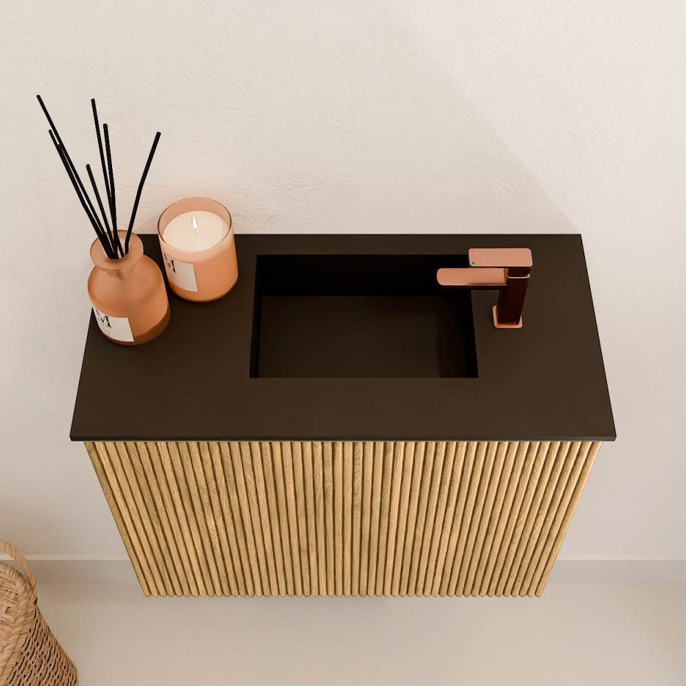 JOYA 50cm toiletmeubel kleur Oak. Wastafel FAYE positie Rechts 1 kraangat kleur Urban.