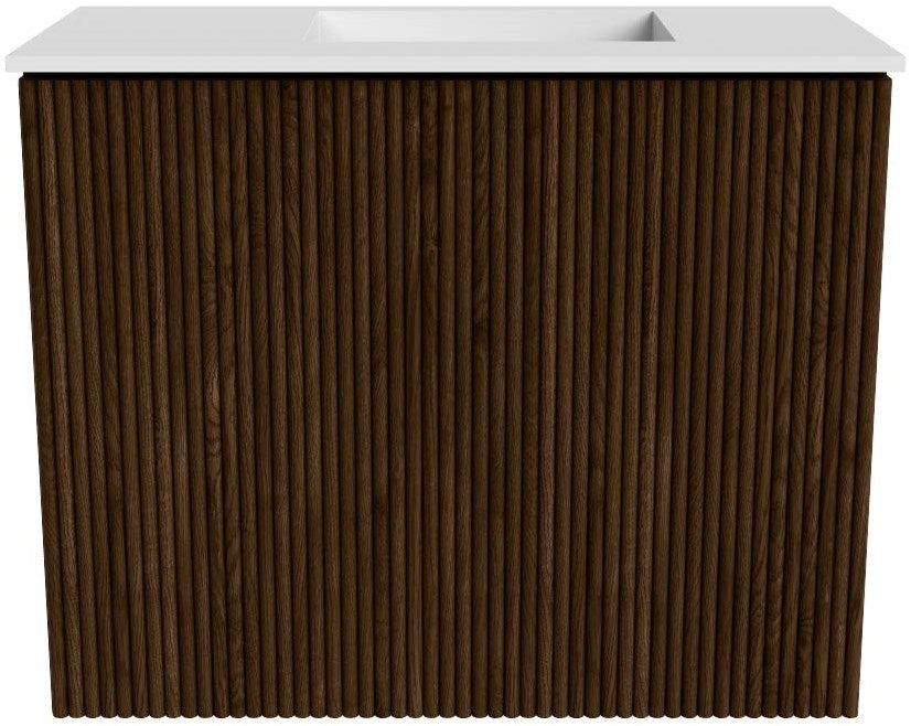 JOYA 50cm toiletmeubel kleur Walnut. Wastafel FAYE positie Rechts 1 kraangat kleur Talc.