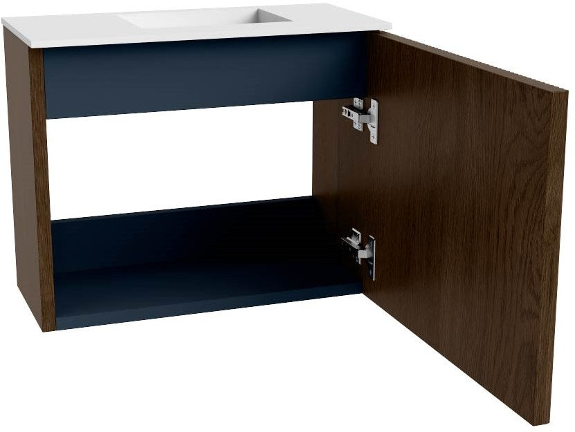 JOYA 50cm toiletmeubel kleur Walnut. Wastafel FAYE positie Rechts 1 kraangat kleur Talc.