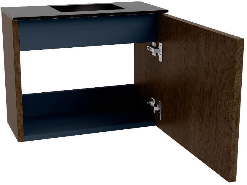 JOYA 50cm toiletmeubel kleur Walnut. Wastafel FAYE positie Rechts 1 kraangat kleur Urban