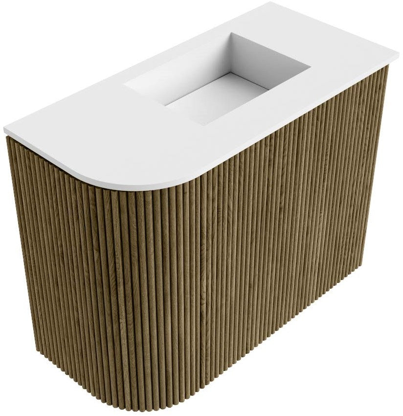 JOYA 51,6cm toiletmeubel ronding links kleur Dusk. Wastafel FAYE positie Rechts Zonder kraangat kleur Talc.