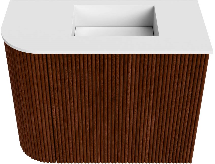 JOYA 51,6cm toiletmeubel ronding links kleur Ruby. Wastafel FAYE positie Rechts Zonder kraangat kleur Talc.