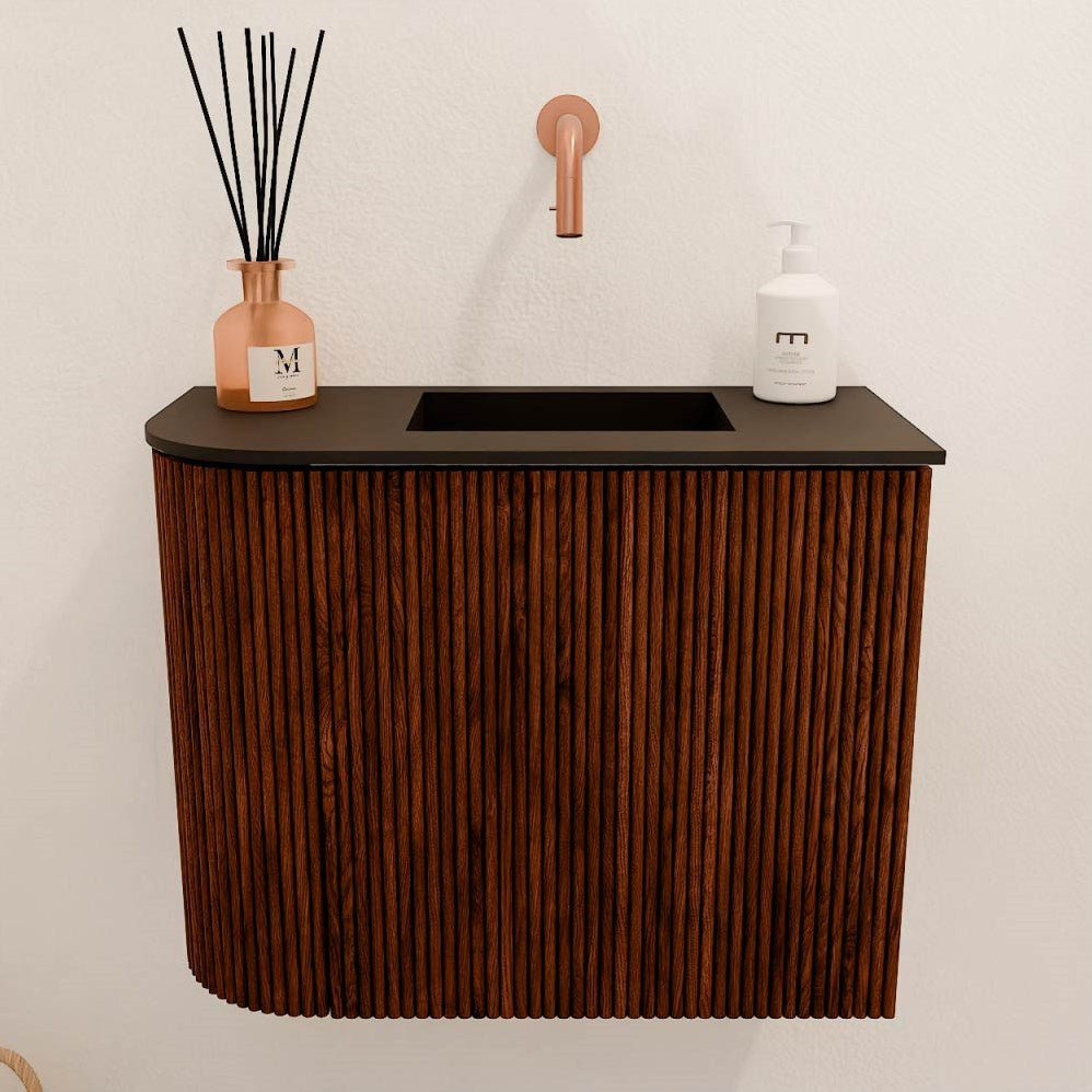 JOYA 51,6cm toiletmeubel ronding links kleur Ruby. Wastafel FAYE positie Rechts Zonder kraangat kleur Urban.
