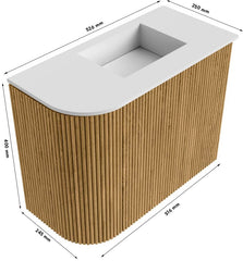 JOYA 51,6cm toiletmeubel ronding links kleur Oak. Wastafel FAYE positie Rechts 1 kraangat kleur Urban.